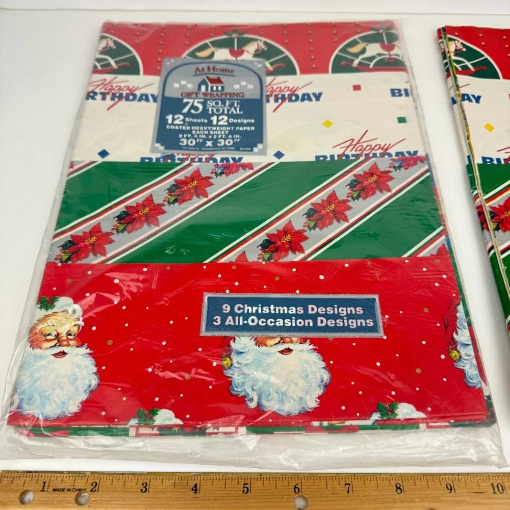 Vtg At‎ Home Christmas Gift Wrapping Paper Sheets 1 Sealed Pkg Plus Some Extra